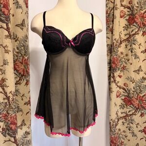 Tracy Y2k Adorable Black Hot Pink Lace Mesh Babydoll Chemise Sheer Lingerie Top